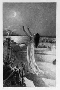 Salammbo, córka Hamilcara Barca (lub Barcas), modli się do Tanita, bogini księżyca Ilustracja Georgesa Antoine Rochegrosse (1859-1938) do powieści Gustave