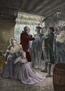 Rewolucja francuska: 21 czerwca 1791 r. Rodzina królewska (Ludwik XVI król Francji, królowa Maria Antonina i ich dwoje dzieci, siostra króla Elżbieta i guwernantka dzieci) dopadła w zajeździe w Varennes (Varennes-en-Argonne) podczas ten autorstwa Georges Roussin