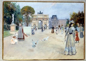 Widok na Ogrody Tuileries w Paryżu Ogród był jednym z paryskich miejsc spacerów elegancji. Gwasz Georgesa Steina (1870-?) XX-wieczna kolekcja prywatna DR