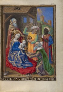 Adoracja Trzech Króli z Godzinek Pani 48 fol. 59, ok. 1480-90 (tempera, złoto płatkowe i tusz na pergaminie)