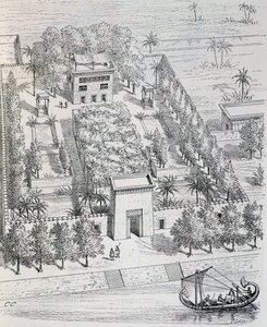 Widok egipskiej willi nad Nilem, rekonstrukcja Chipieza, z Historii sztuki w starożytności (Egipt, Asyria, Persja, Azja Mniejsza, Grecja, Etruria, Rzym) autorstwa Georges and Chipiez Charles Perrot
