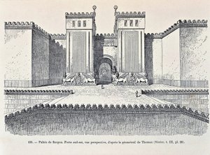 Rekonstrukcja południowo-wschodniej bramy Pałacu Sargona w Dur-Sharrukin („Twierdza Sargona”), dziś Chorsabad (akwaforta) autorstwa Georges and Chipiez Charles Perrot