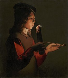Młody chłopak z fajką, dmuchający na podpałkę, autorstwa La Tour, Georges, de (1583-1652). olej na płótnie autorstwa Georges de La Tour