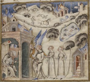 Amour prowadzący swoje dzieci Słodka Myśl, Przyjemność i Nadzieja do Guillaume de Machaut, przez Mistrza Biblii Jeana de Sy 1372-77 (42374611771) autorstwa Georgia Levan Ramishvili from Tbilisi
