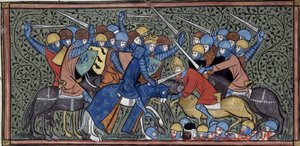 Karol Martel pokonujący Eudo i Saracenów, Grandes chroniques de France, Royal 16 G.VI, f.117v, ok. 1332-1350 (22727638241) autorstwa Georgia Levan Ramishvili from Tbilisi