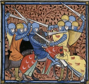 Ebroin pokonujący Austriaków, z Les Grandes chroniques de France, Royal 16 G VI f.114v, ok. 1332-1350 (22528516520) autorstwa Georgia Levan Ramishvili from Tbilisi