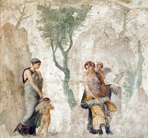 Eros przyprowadzony przez Peitho do Afrodyty, gdy Anteros śmieje się, że został ukarany za wybranie niewłaściwego celu, fresk z Pompejów, ok. 25 r. p.n.e. (28298194699)
