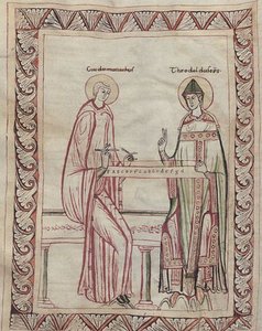 Guido z Arezzo i biskup Tedald pracujący nad monochordem, miniatura z XI wieku (21954743795)
