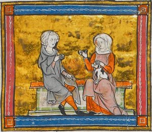 Lancelot rozmawiający z damą trzymającą małego czarno-białego psa, z Morte Artu, ok. 1315-1325 (41067329535) autorstwa Georgia Levan Ramishvili from Tbilisi