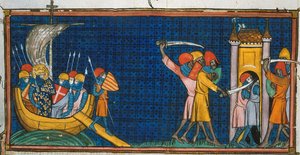 Ludwik IX lądujący w Tunisie i Francuzi odcięci przez Saracenów w wieży, z Chroniques de France ou de St Denis, XIV wiek (22528512660)