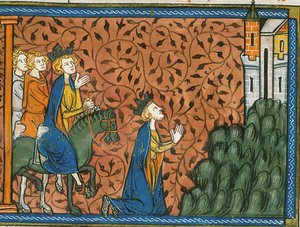 Ludwik IX podczas pielgrzymki do Nazaretu, z Chroniques de France ou de St Denis, XIV wiek (22528526100)