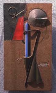 Kolorowa konstrukcja materiałów, numer 7. (martwa natura). Praca Georgi Avgustovich Stenberg (1900-1933), drewno, metal, szkło, piasek na drewnie