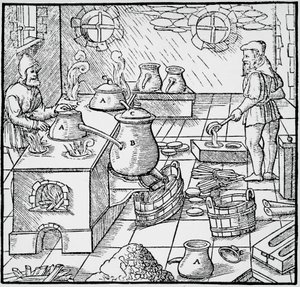 Rycina z De re metalica (O naturze metali) autorstwa Georga Pawera lub Georgiusa Agricoli (1494-1555), opublikowana w Bazylei autorstwa Georgius Agricola