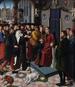 Wyrok nad Kambyzesem (perski król Kambyzes II (zm. 522 p.n.e.) skazuje sędziego Sisamnesa na żywcem obdarty ze skóry, za wydanie wyroku w zamian za pieniądze) - Wyrok nad Kambyzesem (lewy panel) - Obraz Gerarda Davida (ok. 1460- 1523) - 149