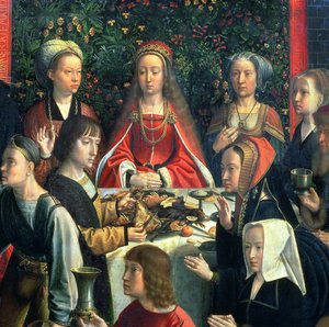 Wesele w Kanie, detal przedstawiający pannę młodą i otaczających go gości olej na detalu panelu 94324 autorstwa Gerard David