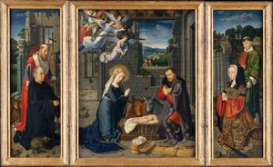 Narodzenia z darczyńcami i świętymi Hieronimem i Leonardem, ca. 1510-15. autorstwa Gerard David