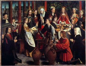Wesele w Kanie Cud wody zamienia się w wino podczas uczty weselnej, na którą zaproszeni są Jezus i Maryja. Obraz Gerarda Davida (1460-1523) Nd. 1x1,28 m²