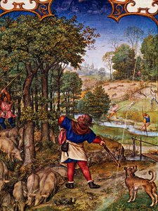 Miesiąc listopad, Zbieranie żołędzi i polowanie na zające, miniatura z Brewiarza Grimani, z miniaturą Gerarda Horenbouta (ok. 1465-przed 1541), Alexander i Simon Bening (1483-1561), dorsz Lat I, 99 f 11v, Holandia