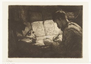 Autoportret za deską kreślarską autorstwa Gerard Jan Bos (signed by artist)