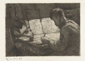 Autoportret za deską kreślarską autorstwa Gerard Jan Bos (signed by artist)