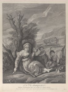 Wiejska kobieta siedząca w krajobrazie z dwoma chłopcami u boku, 1729-40. autorstwa Gerard Jean Baptiste Scotin