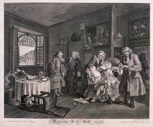 „Małżeństwo a la mode, płyta VI”, 1745 autorstwa Gerard Jean Baptiste Scotin