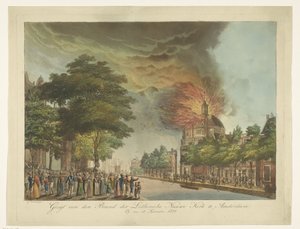 Pożar w Nowym Kościele Luterańskim na Singel w Amsterdamie, 18 września 1822 r. Widok marki Nowego Kościoła Luterańskiego w Amsterdamie (tytuł na obiekcie) autorstwa Gerard Overman