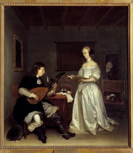 Duet; teorba śpiewaczka i lutnia. Obraz Gerarda Ter Borcha (1617-1681), holenderski autorstwa Gerard ter Borch