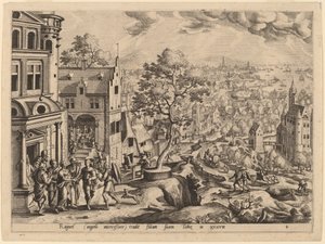 Tobiasz przybywa do domu Raguel autorstwa Gerard de Jode after Hans Bol