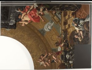 Część (prawy górny róg) obrazu na suficie z Dianą i jej towarzyszami jako głównym przedstawieniem autorstwa Gerard de Lairesse