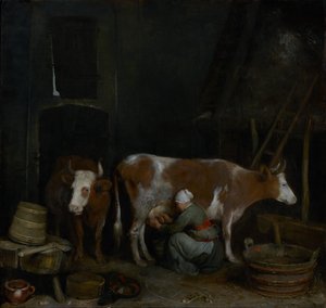 Służąca dojąca krowę w stodole autorstwa Gerard ter Borch