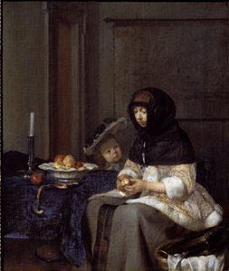 Matka obierająca jabłko (olej na płótnie) autorstwa Gerard ter Borch