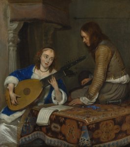 Kobieta grająca na teorbo-lutni i kawaler, ok. 1658 r autorstwa Gerard ter Borch