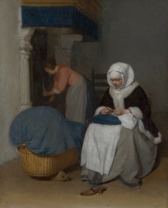 Kobieta szyjąca obok kołyski, ok.1656 r. autorstwa Gerard ter Borch