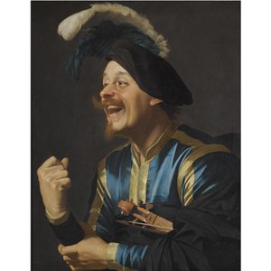 Śmiejący się muzyk ze skrzypcami pod pachą autorstwa Gerard van Honthorst
