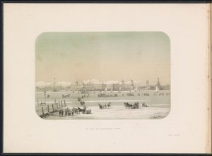 Lodowa rozrywka na Maas w Rotterdamie, widziana z Katendrechtu, 1855 Widziane miasto Katendrecht (tytuł na obiekcie) Zabawa na lodzie na Maas w Rotterdamie w lutym 1855, z podpisami (tytuł serialu na obiekcie) autorstwa Gerardus Johannes Bos