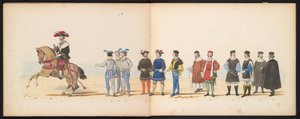 Maskarada uczniów Leiden, 1855 (tablica 11) Procesja w kostiumach zorganizowana przez członków korpusu studenckiego Leiden w dniu 12 czerwca 1855 roku z okazji 280. rocznicy Leidsche Hoogeschool, przedstawiająca wjazd Karola V do autorstwa Gerardus Johannes Bos