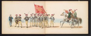 Maskarada uczniów Leiden, 1855 (tablica 12) Procesja w kostiumach zorganizowana przez członków korpusu studenckiego Leiden w dniu 12 czerwca 1855 roku z okazji 280. rocznicy Leidsche Hoogeschool, przedstawiająca wjazd Karola V do autorstwa Gerardus Johannes Bos