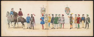Maskarada uczniów Leiden, 1855 (tablica 13) Procesja w kostiumach zorganizowana przez członków korpusu studenckiego Leiden w dniu 12 czerwca 1855 roku z okazji 280. rocznicy Leidsche Hoogeschool, przedstawiająca wjazd Karola V do