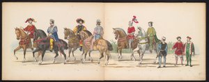 Maskarada studentów z Leiden, 1855 (tablica 9) Procesja w kostiumach zorganizowana przez członków korpusu studenckiego Leiden w dniu 12 czerwca 1855 r., z okazji 280. rocznicy Leidsche Hoogeschool, przedstawiająca wjazd Karola V do autorstwa Gerardus Johannes Bos