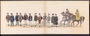 Maskarada studentów z Leiden, 1870 (tablica 12) Procesja w kostiumach zorganizowana przez członków korpusu studenckiego Leiden w dniu 7 czerwca 1870 r., z okazji 295. rocznicy Leidsche Hoogeschool, przedstawiająca wizytę w Lejdzie w autorstwa Gerardus Johannes Bos