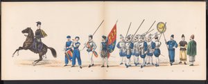 Maskarada uczniów Leiden, 1870 (tablica 16) Procesja w kostiumach zorganizowana przez członków korpusu studenckiego Leiden w dniu 7 czerwca 1870 r., z okazji 295. rocznicy Leidsche Hoogeschool, przedstawiająca wizytę w Lejdzie w autorstwa Gerardus Johannes Bos