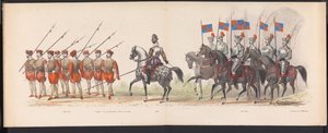 Maskarada studentów z Leiden, 1870 (tablica 18) Procesja w kostiumach zorganizowana przez członków korpusu studenckiego Leiden w dniu 7 czerwca 1870 r., z okazji 295. rocznicy Leidsche Hoogeschool, przedstawiająca wizytę w Lejdzie w autorstwa Gerardus Johannes Bos