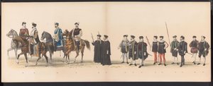 Maskarada uczniów Leiden, 1870 (tablica 6) Procesja w kostiumach zorganizowana przez członków korpusu studenckiego Leiden w dniu 7 czerwca 1870 r., z okazji 295. rocznicy Leidsche Hoogeschool, przedstawiająca wizytę w Lejdzie w autorstwa Gerardus Johannes Bos