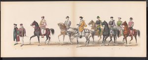 Maskarada studentów z Leiden, 1870 (tablica 8) Procesja w kostiumach zorganizowana przez członków korpusu studenckiego Leiden w dniu 7 czerwca 1870 r., z okazji 295. rocznicy Leidsche Hoogeschool, przedstawiająca wizytę w Lejdzie w autorstwa Gerardus Johannes Bos