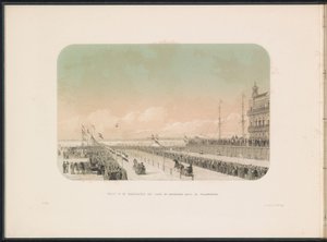 Wyścig powozów konnych na Maasie w Rotterdamie, 1855 r. Widok na wyścigi uprzęży z saniami konnymi i błazna, wzdłuż Willemskade (tytuł na obiekcie) Zabawa na lodzie na Maas w Rotterdamie w lutym 1855, z podpisami (tytuł serialu na obiekcie) autorstwa Gerardus Johannes Bos