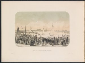 Konkurs na lodowe jachty żaglowe na Maasie w Rotterdamie, 1855 Widok na hardsailing party z bojerami (tytuł na obiekcie) Zabawa na lodzie na Maas w Rotterdamie w lutym 1855, z podpisami (tytuł serialu na obiekcie) autorstwa Gerardus Johannes Bos