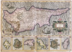 Cypr i wyspy Stalimini (Lemnos) Chios, Mitilene, Negroponte, Cerigo i Rhodus (grawerowanie autorstwa Gerardus Mercator