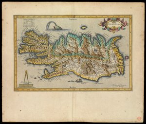 Islandia, Per Gerardum Mercatorem cum privilegio, ok. 1595 (tusz, akwarela, rycina, papier) autorstwa Gerardus Mercator