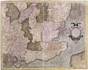 Południowo-wschodni region Anglii, w tym Kanał Brytyjski i Londyn (grawerowanie autorstwa Gerardus Mercator